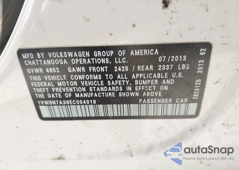 2014 Volkswagen Passat 2.0L Tdi Se from USA, damaged, VIN 1VWBN7A38EC004019